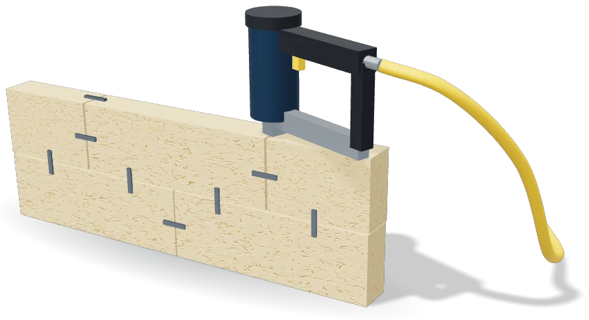 An industrial stapler joining EcoMur blocks across the joints
