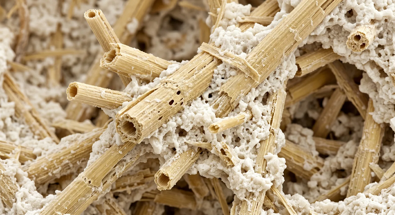 Straw fibres held in a white mineral matrix, close up