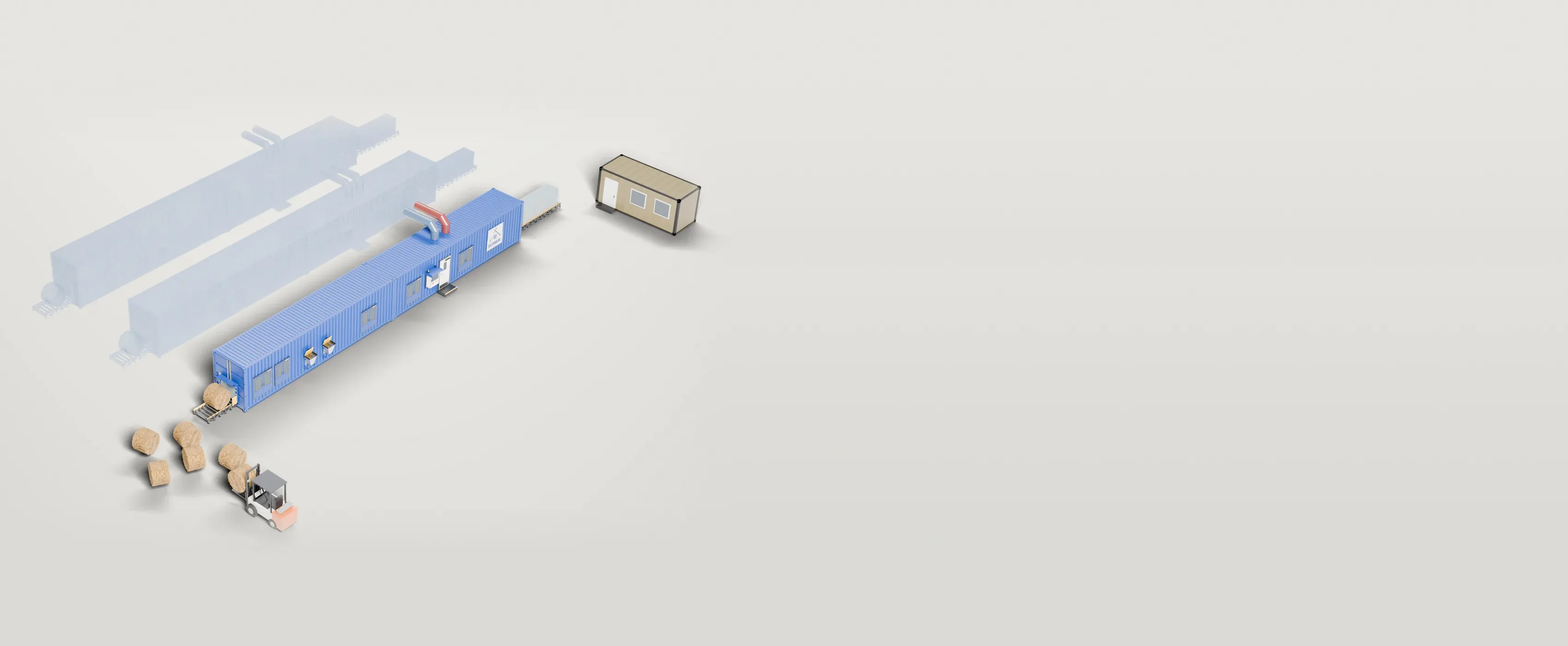 One working module with room for more beside it, straw bales and a site office