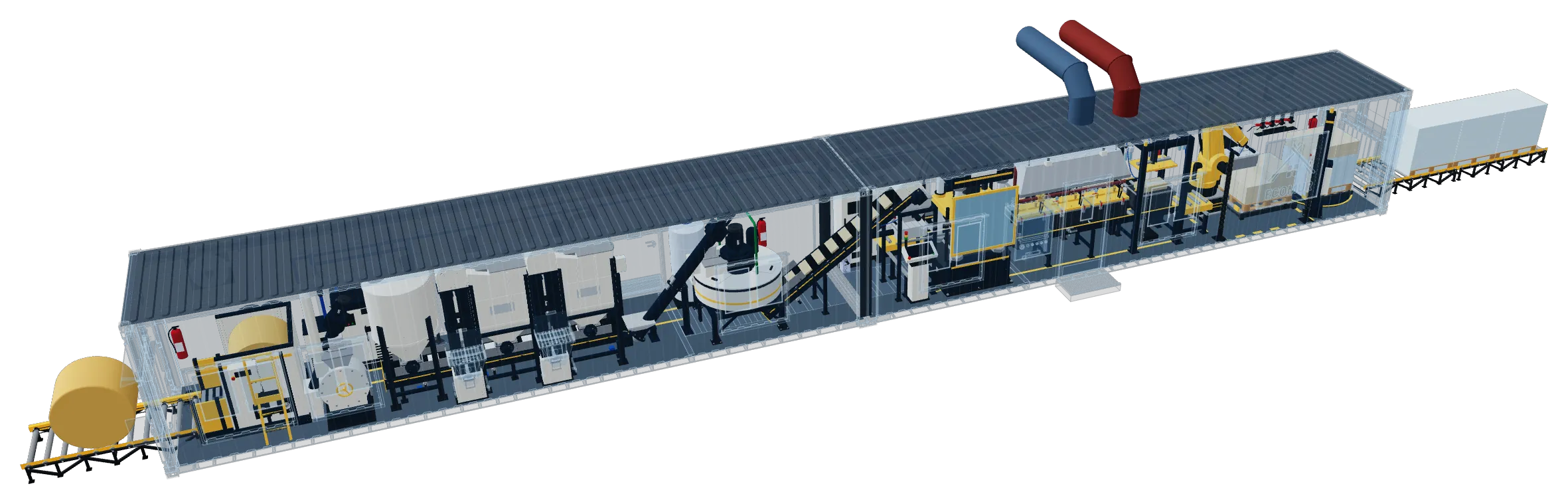 The EcoMur module with see-through walls: the equipment inside both containers, from the straw bale at the inlet to the pallets of finished blocks